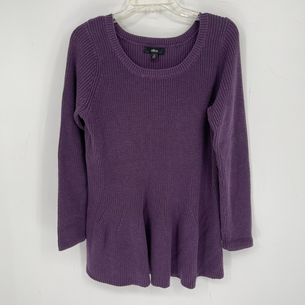Ellos Women's Purple Ribbed Knit Long Sleeve Peplum Hem Sweater Top Size M 14-16
